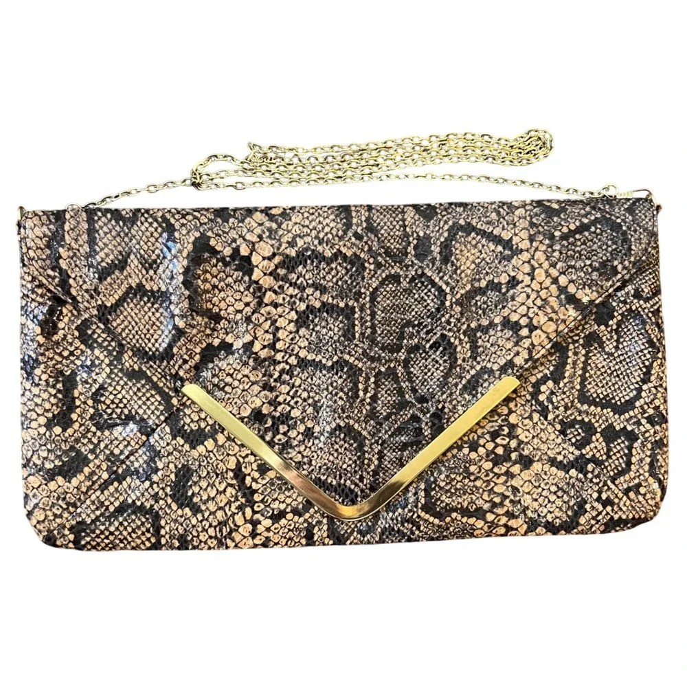 Miss Selfridge Large‎ Python Snake Print Clutch w/Gold Chain Strap Y2K 2000s 90s